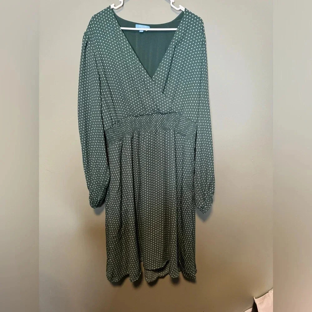 Draper James RSVP Green‎ Polka Dot Faux Wrap Long Sleeve Dress Size XXL